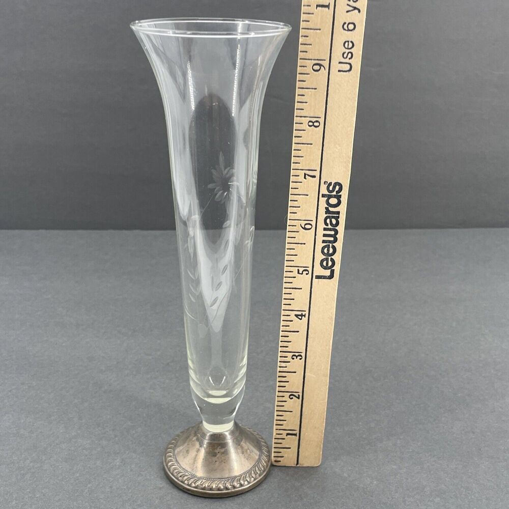 Duchin Creations Sterling Base Etched Glass Flute Bud Vase Tulip Weighted 9.5" T - Picture 10 of 13